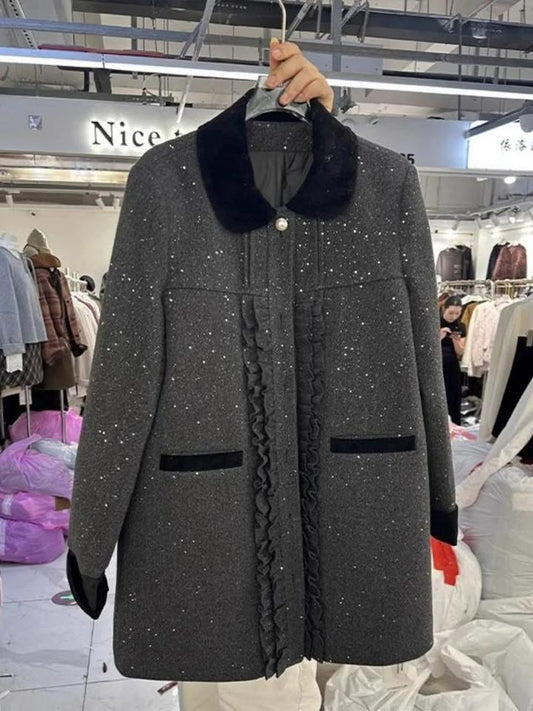 Jue Laifei Plus Size M Dress Thick Woolen Ruffled Trim Exquisite Dry Gold Style Dress Winter Coat