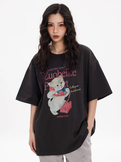 Zobeka trendy dark gray short-sleeved T-shirt for women summer new American retro cat print loose cotton version tee