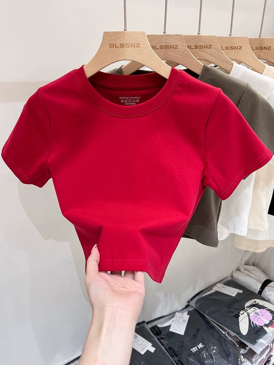 Pure cotton basic red short-sleeved T-shirt for women summer 2024 new European style shirt half-sleeved T-shirt slim fit top