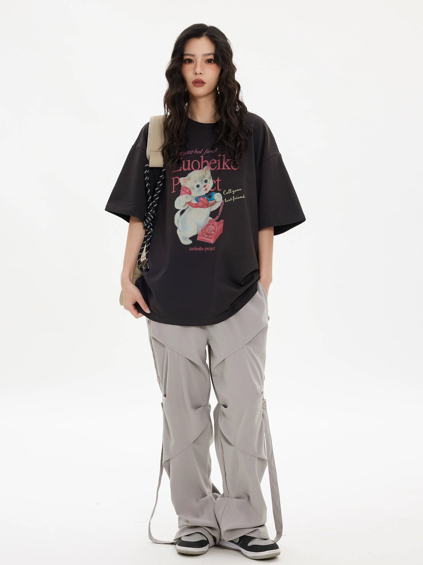 Zobeka trendy dark gray short-sleeved T-shirt for women summer new American retro cat print loose cotton version tee