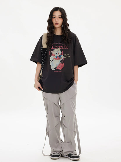 Zobeka trendy dark gray short-sleeved T-shirt for women summer new American retro cat print loose cotton version tee