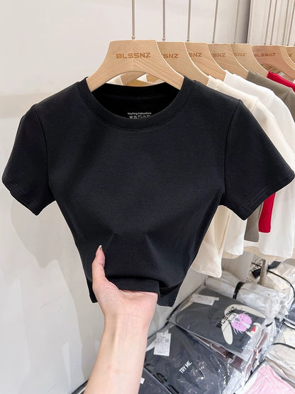 Pure cotton basic red short-sleeved T-shirt for women summer 2024 new European style shirt half-sleeved T-shirt slim fit top
