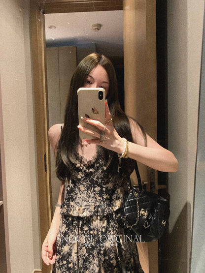 Qian Meixi gilt black floral suspender dress women's summer loose multi-layered ruffled sleeveless long skirt