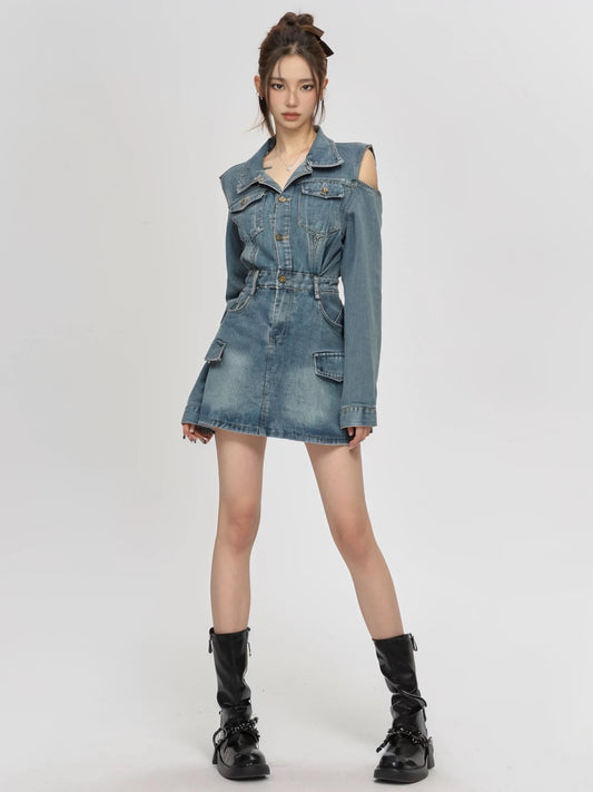 PPWUDAWANG Super beautiful temperament denim dress for women in spring and autumn, small design, slim shirt and skirt