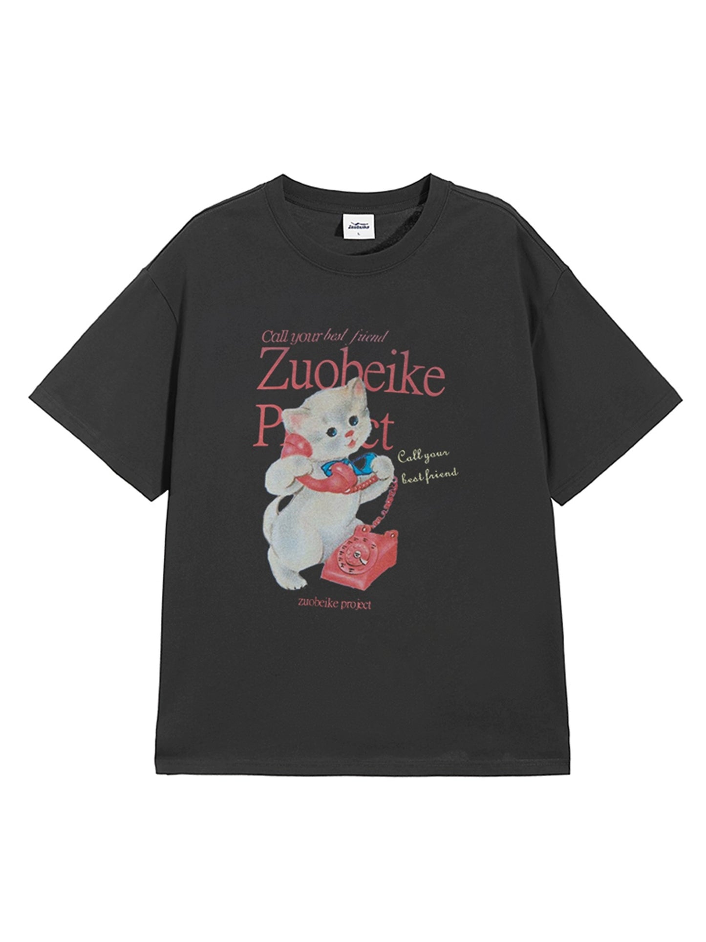 Zobeka trendy dark gray short-sleeved T-shirt for women summer new American retro cat print loose cotton version tee