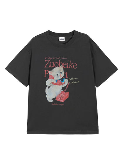 Zobeka trendy dark gray short-sleeved T-shirt for women summer new American retro cat print loose cotton version tee