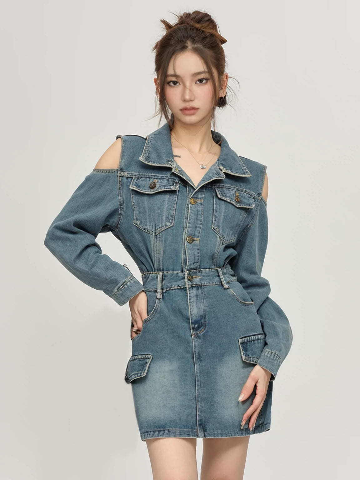 PPWUDAWANG Super beautiful temperament denim dress for women in spring and autumn, small design, slim shirt and skirt