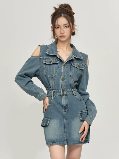 PPWUDAWANG Super beautiful temperament denim dress for women in spring and autumn, small design, slim shirt and skirt