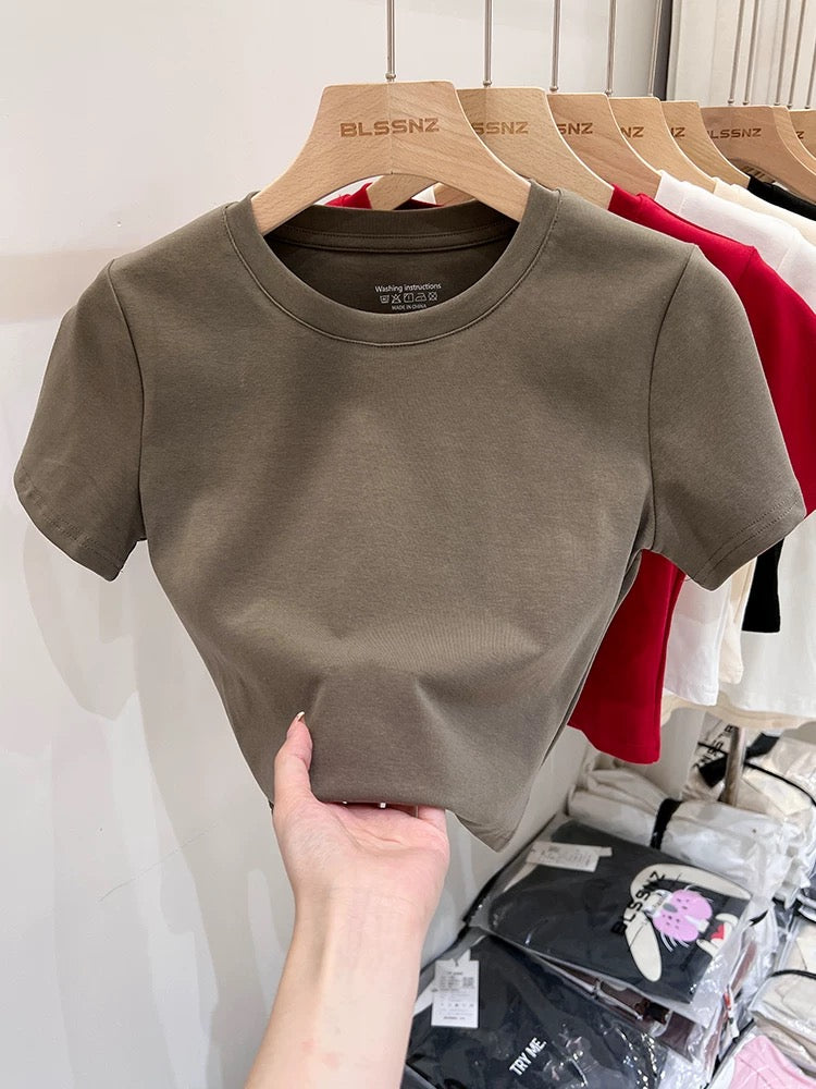 Pure cotton basic red short-sleeved T-shirt for women summer 2024 new European style shirt half-sleeved T-shirt slim fit top