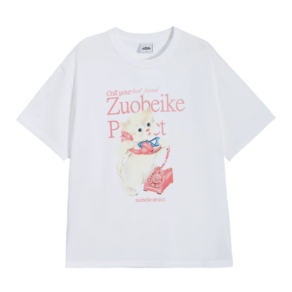Zobeka trendy dark gray short-sleeved T-shirt for women summer new American retro cat print loose cotton version tee