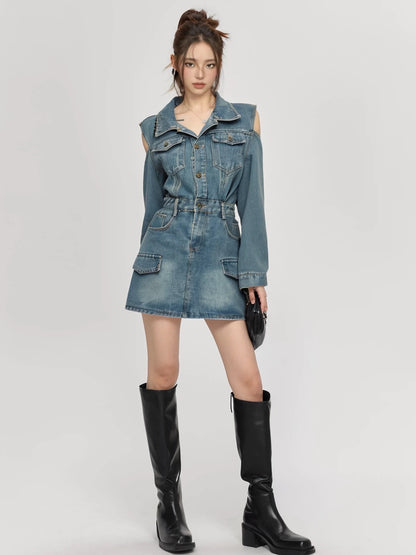 PPWUDAWANG Super beautiful temperament denim dress for women in spring and autumn, small design, slim shirt and skirt