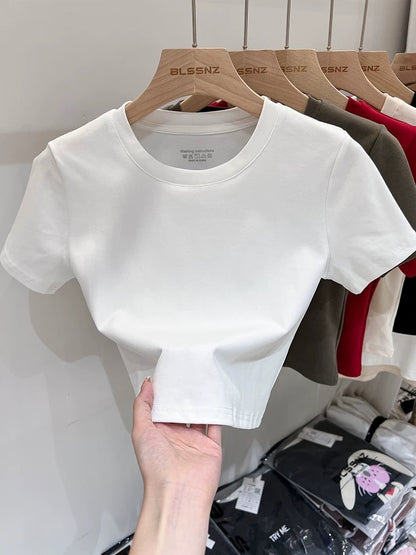 Pure cotton basic red short-sleeved T-shirt for women summer 2024 new European style shirt half-sleeved T-shirt slim fit top