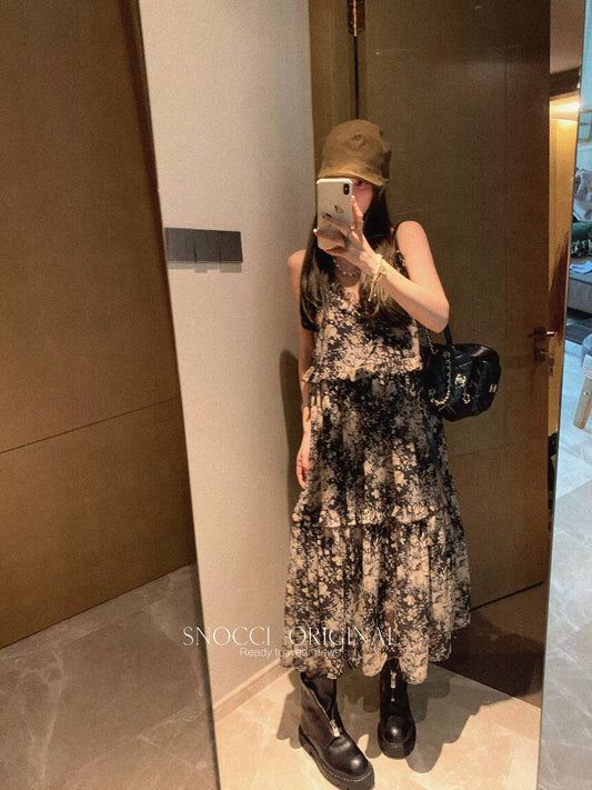 Qian Meixi gilt black floral suspender dress women's summer loose multi-layered ruffled sleeveless long skirt