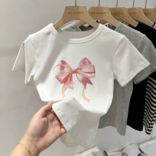 Bow print white short-sleeved T-shirt for women summer 2024 new round neck half-sleeved T-shirt slim short top