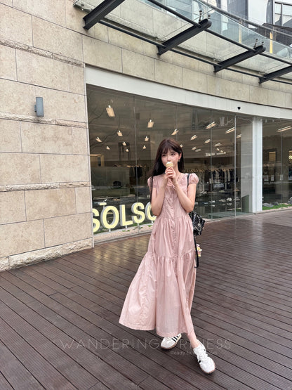 Qian Meixi lightweight outdoor white smoke pink dress gentle style design niche waist skirt for women