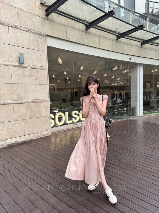 Qian Meixi lightweight outdoor white smoke pink dress gentle style design niche waist skirt for women