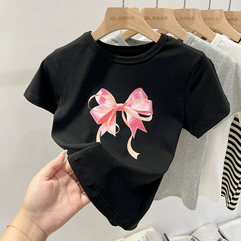 Bow print white short-sleeved T-shirt for women summer 2024 new round neck half-sleeved T-shirt slim short top