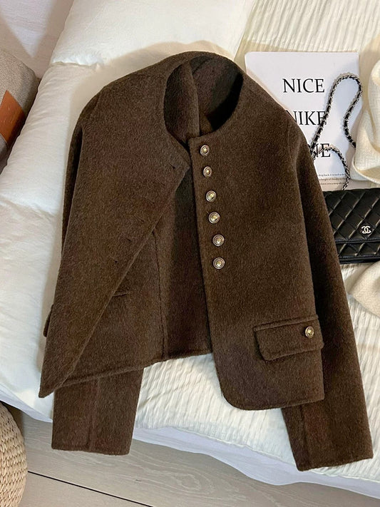2025 new coffee-colored retro high-end double-faced woolen coat for women, autumn and winter soft and versatile cashmere coat