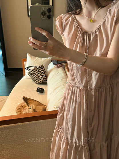 Qian Meixi lightweight outdoor white smoke pink dress gentle style design niche waist skirt for women