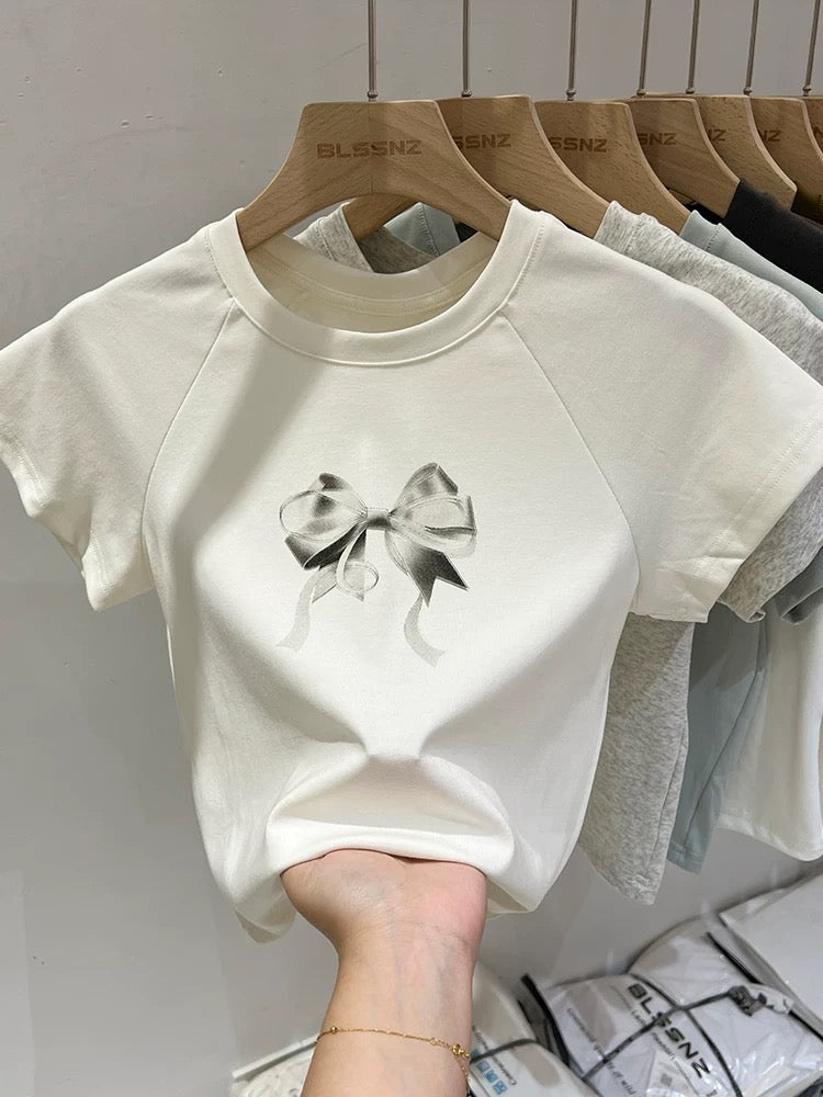 Gray bow raglan cotton short-sleeved T-shirt for women in summer American retro design niche short top trendy