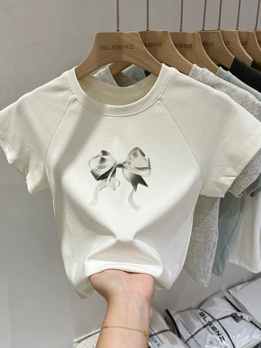 Gray bow raglan cotton short-sleeved T-shirt for women in summer American retro design niche short top trendy