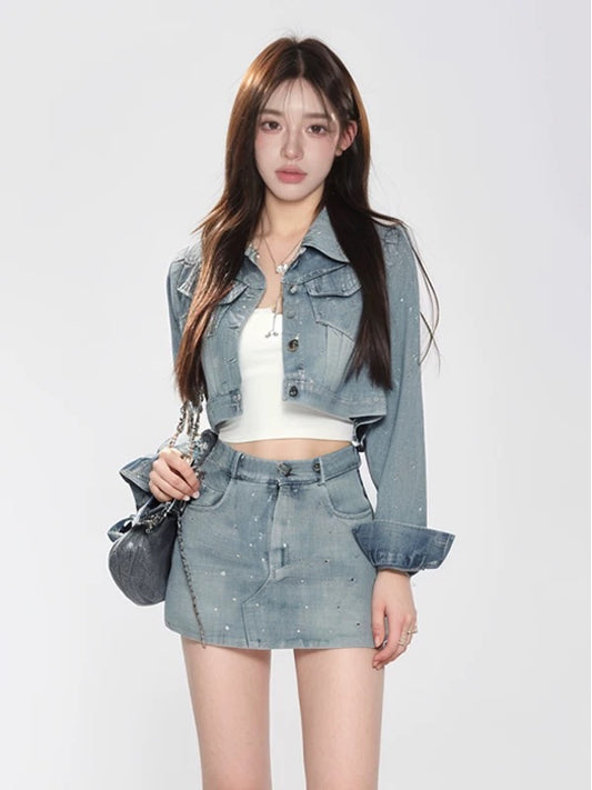 PPWUDAWANG Korean denim suit skirt women's spring and autumn style short jacket high waist short skirt high-end two-piece suit