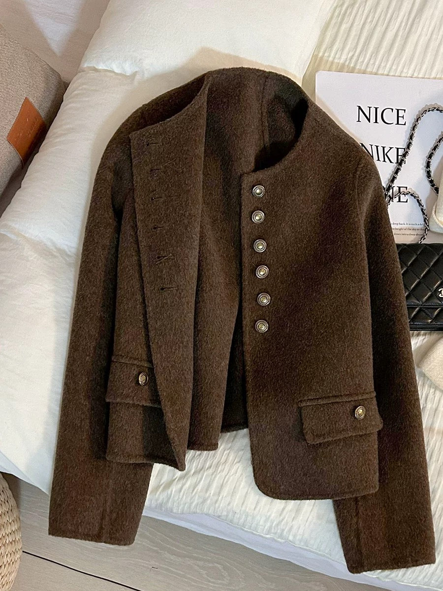2025 new coffee-colored retro high-end double-faced woolen coat for women, autumn and winter soft and versatile cashmere coat