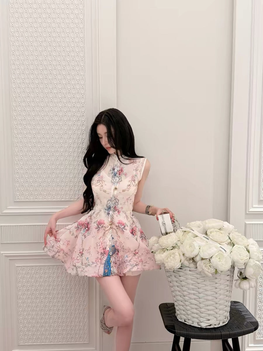 Qiauuu Blue Feather Scarlet Blossom Hot-selling Zim* Positioning Printed Elegant Heavy Beaded Dress for Women