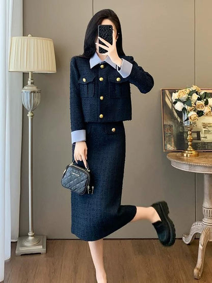 French-style chic short jacket for women, perfect for autumn and winter, exuding a sophisticated and luxurious Chanel-inspired two-piece set with a skirt.