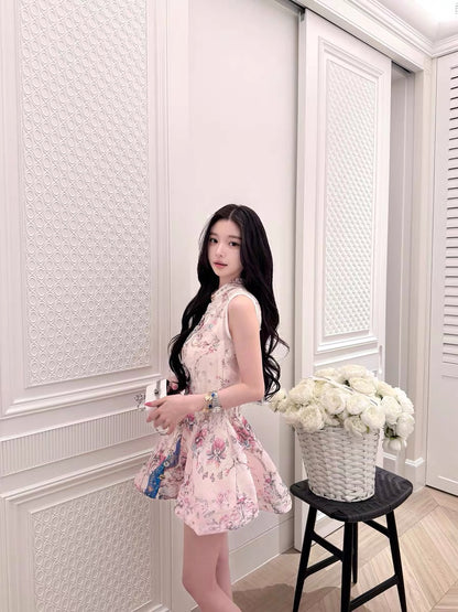 Qiauuu Blue Feather Scarlet Blossom Hot-selling Zim* Positioning Printed Elegant Heavy Beaded Dress for Women
