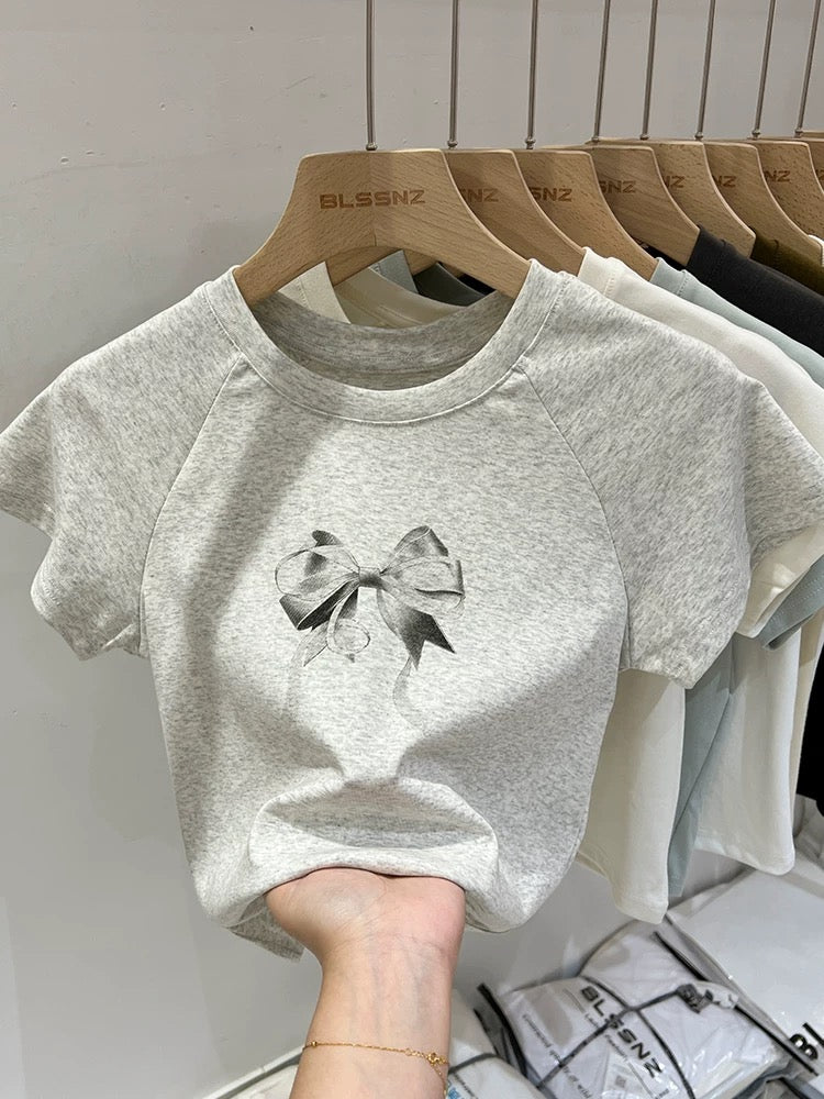Gray bow raglan cotton short-sleeved T-shirt for women in summer American retro design niche short top trendy