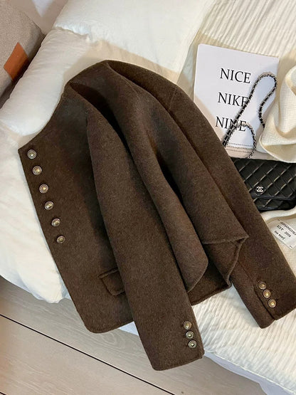 2025 new coffee-colored retro high-end double-faced woolen coat for women, autumn and winter soft and versatile cashmere coat
