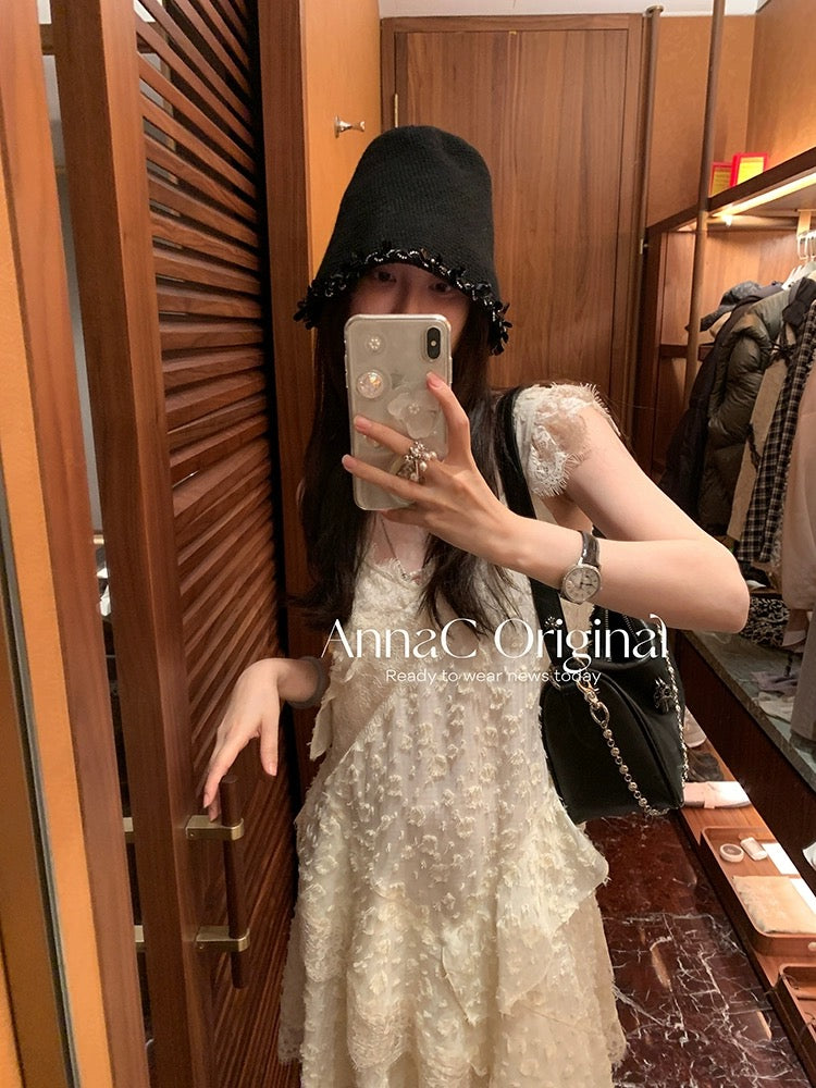Qian Meixi 7-meter lace fairy suspender dress, designed with splicing and versatile, loose sleeveless long skirt