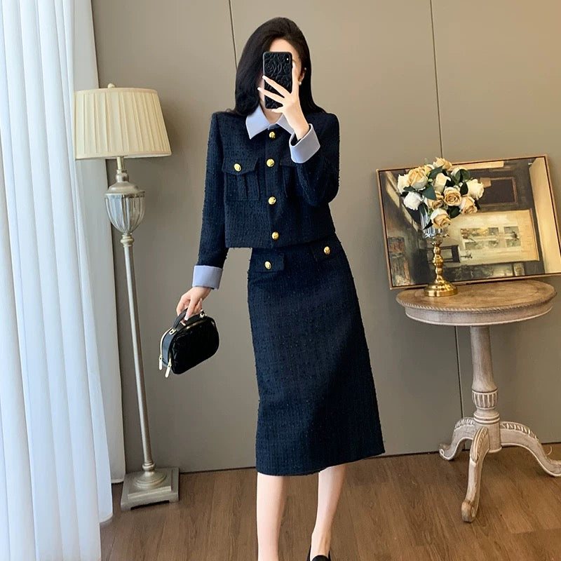 French-style chic short jacket for women, perfect for autumn and winter, exuding a sophisticated and luxurious Chanel-inspired two-piece set with a skirt.