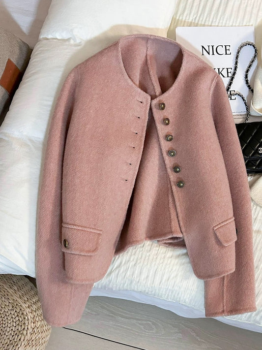 2025 new pink high-end short double-faced wool coat for women autumn and winter small size 69% wool early spring top
