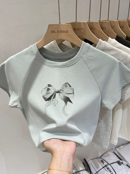 Gray bow raglan cotton short-sleeved T-shirt for women in summer American retro design niche short top trendy
