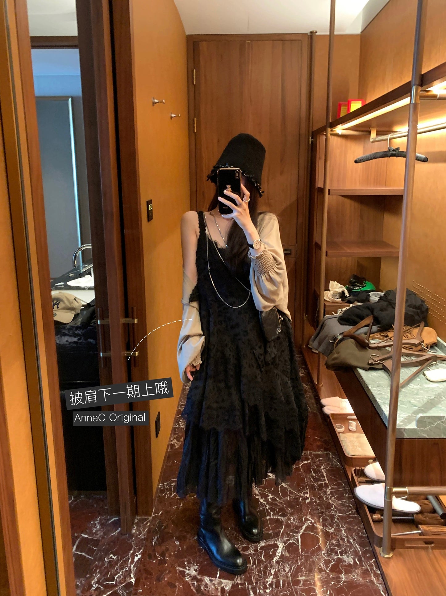 Qian Meixi 7-meter lace fairy suspender dress, designed with splicing and versatile, loose sleeveless long skirt