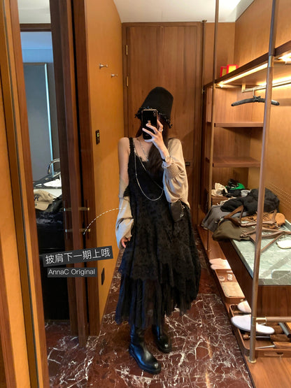 Qian Meixi 7-meter lace fairy suspender dress, designed with splicing and versatile, loose sleeveless long skirt
