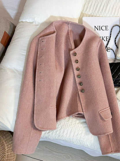 2025 new pink high-end short double-faced wool coat for women autumn and winter small size 69% wool early spring top