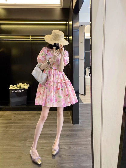 Leathercat French dress female 2025 summer sweet temperament small waist bubble sleeve floral dress
