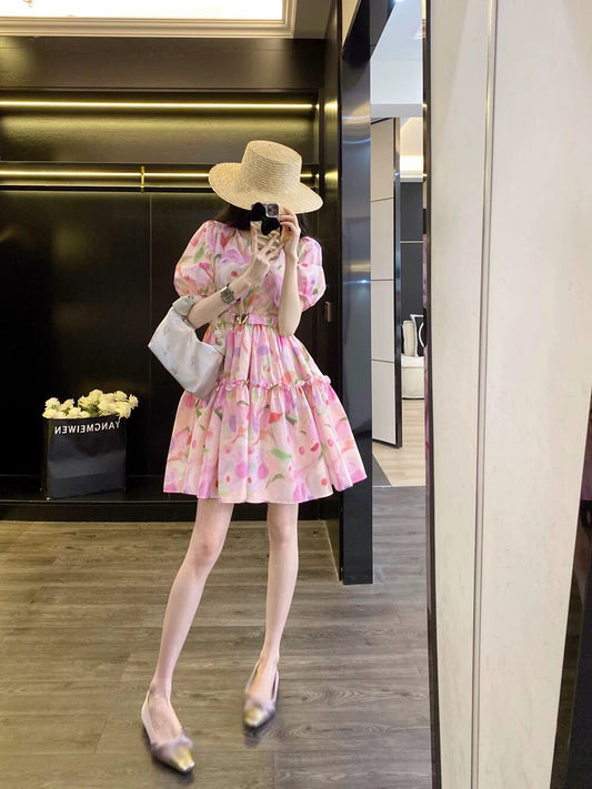 Leathercat French dress female 2025 summer sweet temperament small waist bubble sleeve floral dress