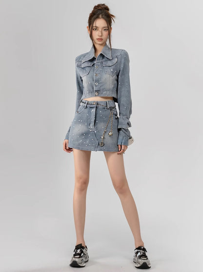 PPWUDAWANG denim suit skirt age-reducing fashion long two-piece suit