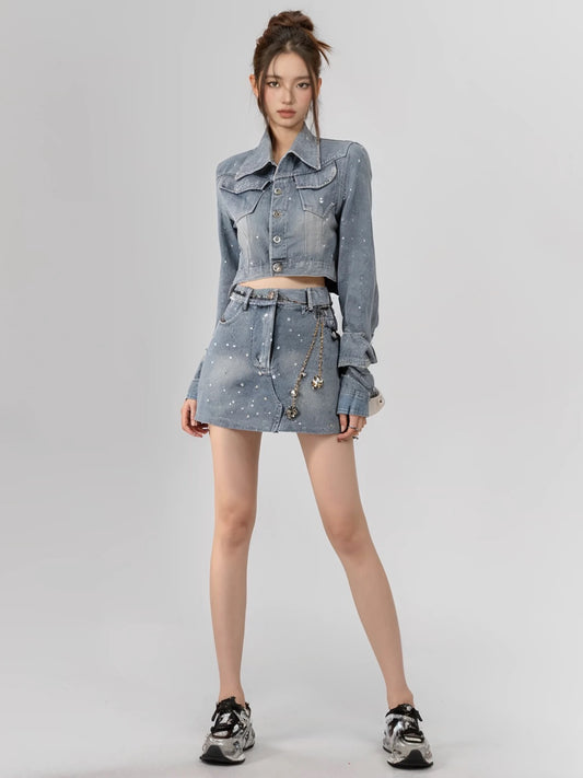 PPWUDAWANG denim suit skirt age-reducing fashion long two-piece suit