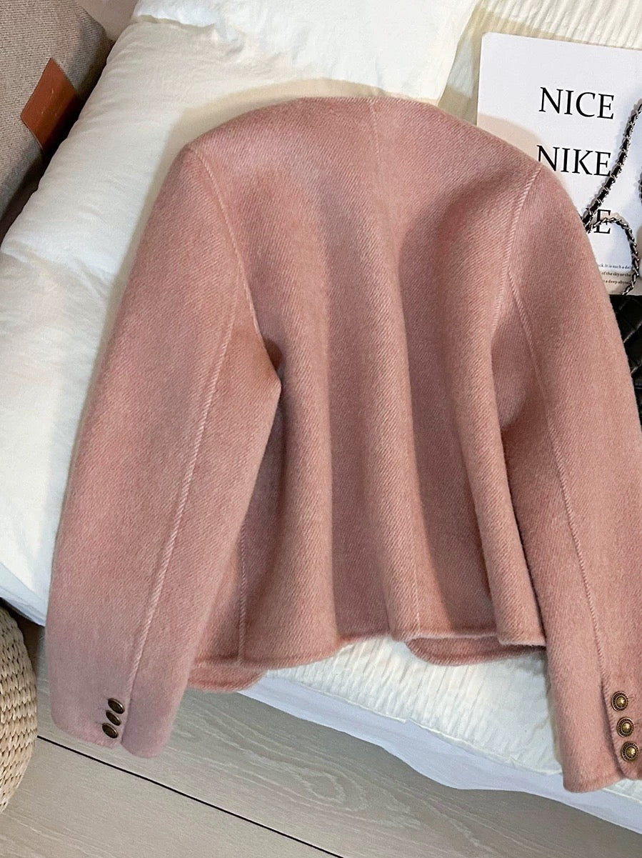2025 new pink high-end short double-faced wool coat for women autumn and winter small size 69% wool early spring top
