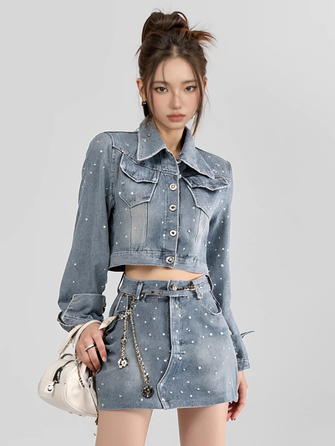 PPWUDAWANG denim suit skirt age-reducing fashion long two-piece suit