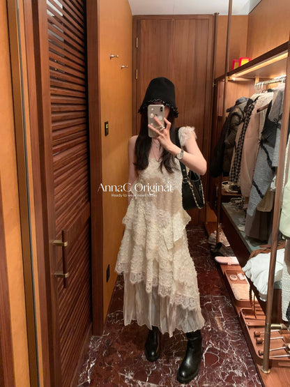 Qian Meixi 7-meter lace fairy suspender dress, designed with splicing and versatile, loose sleeveless long skirt