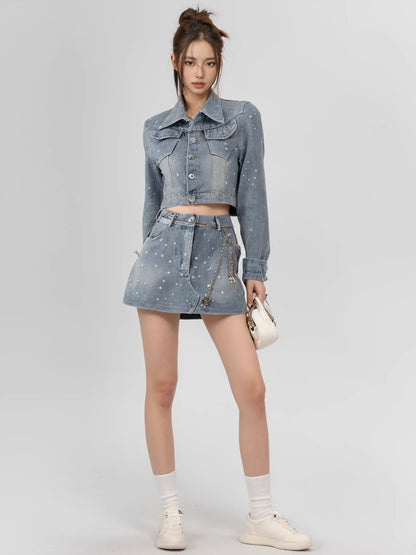 PPWUDAWANG denim suit skirt age-reducing fashion long two-piece suit
