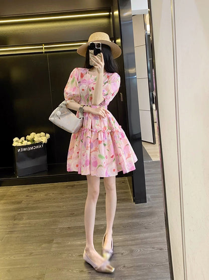 Leathercat French dress female 2025 summer sweet temperament small waist bubble sleeve floral dress