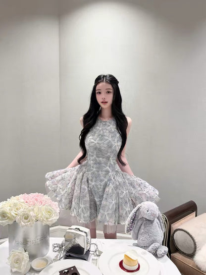 Qiauuu Misty Gray and Elegant Style Dress with Dyed Misty Orchid and Embroidered Ribbon - Sweet Floral Puffy Princess Style Dress for Women