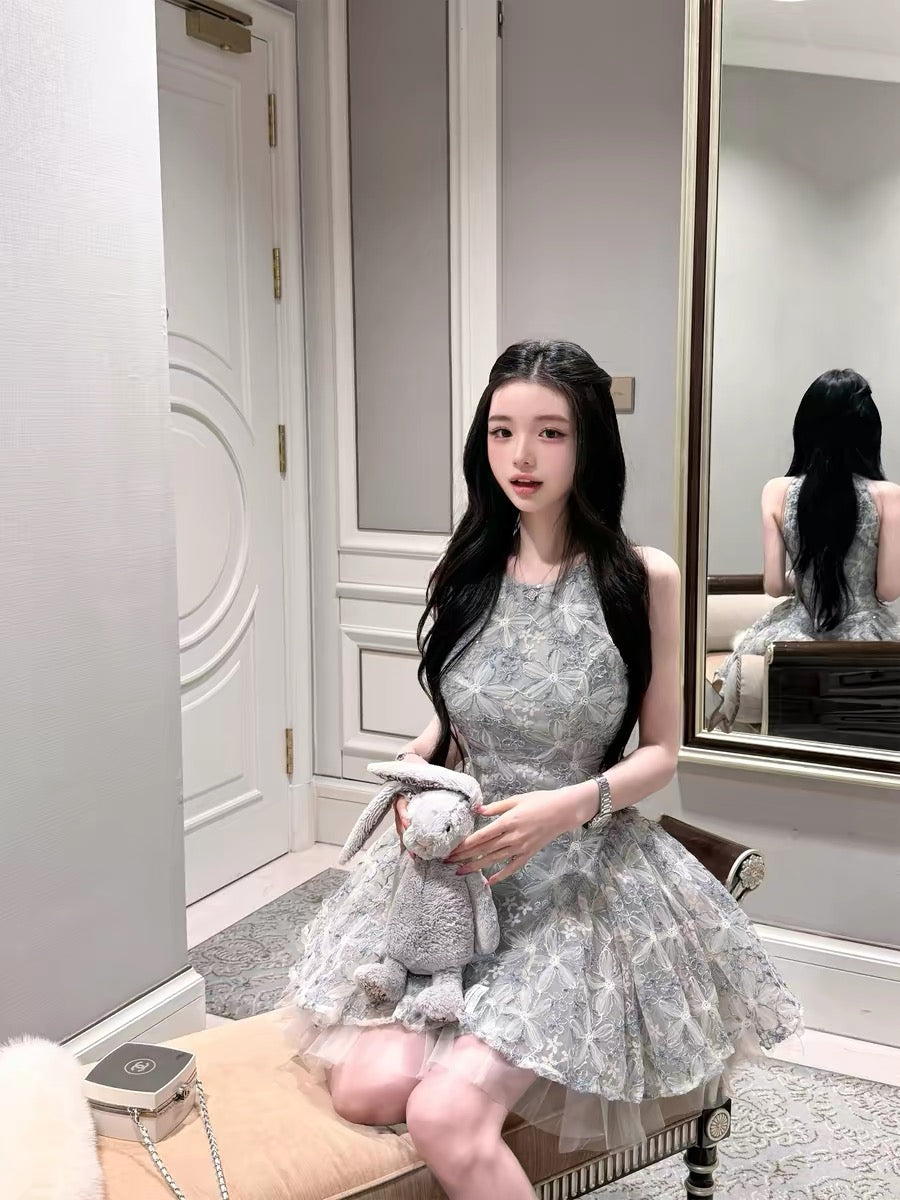 Qiauuu Misty Gray and Elegant Style Dress with Dyed Misty Orchid and Embroidered Ribbon - Sweet Floral Puffy Princess Style Dress for Women